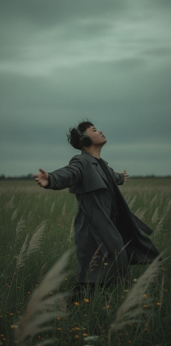 Nguyễn Trần Hoàng Long standing in a field at dusk